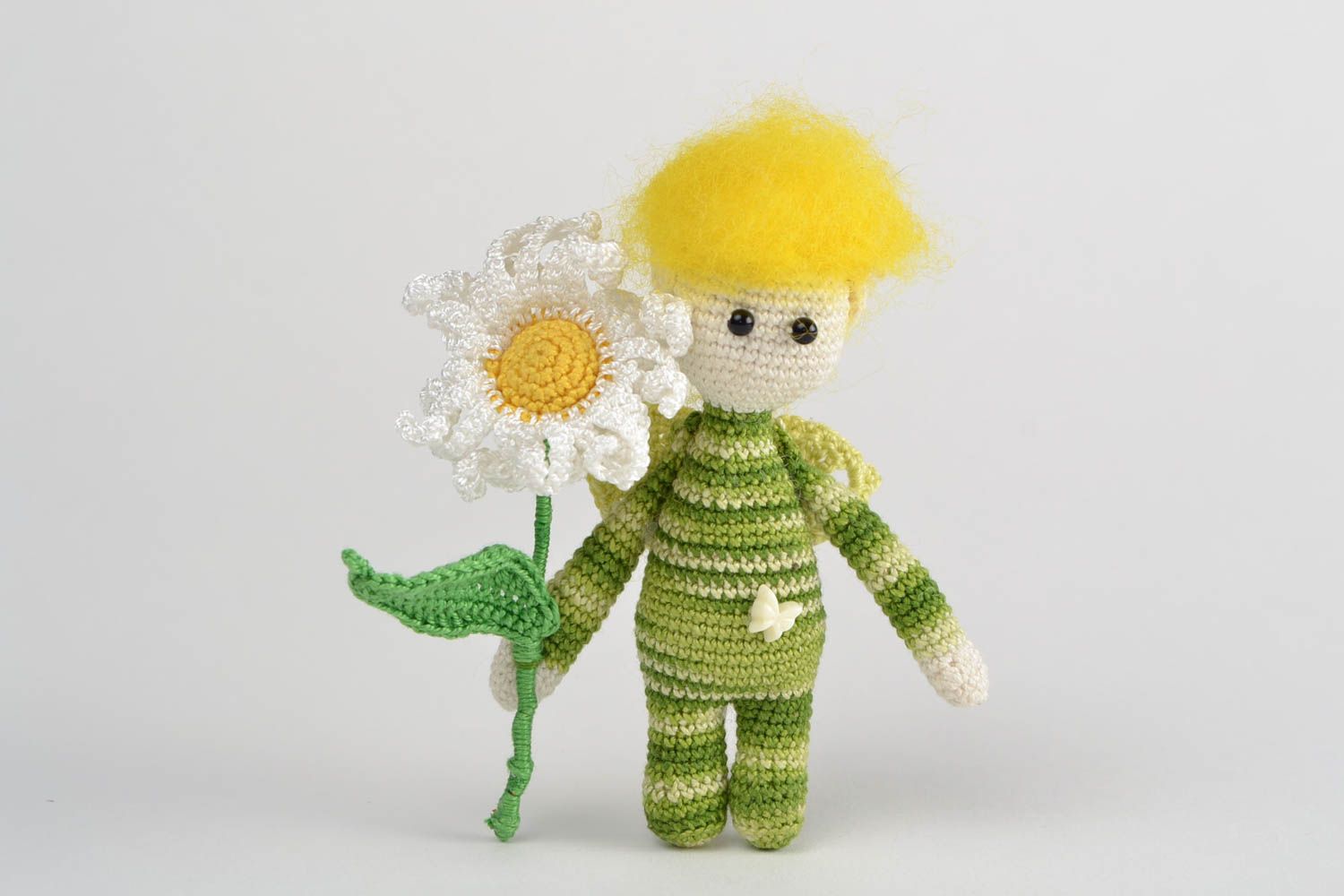 Handmade small soft toy crocheted of cotton threads Small Elf with Chamomile photo 3