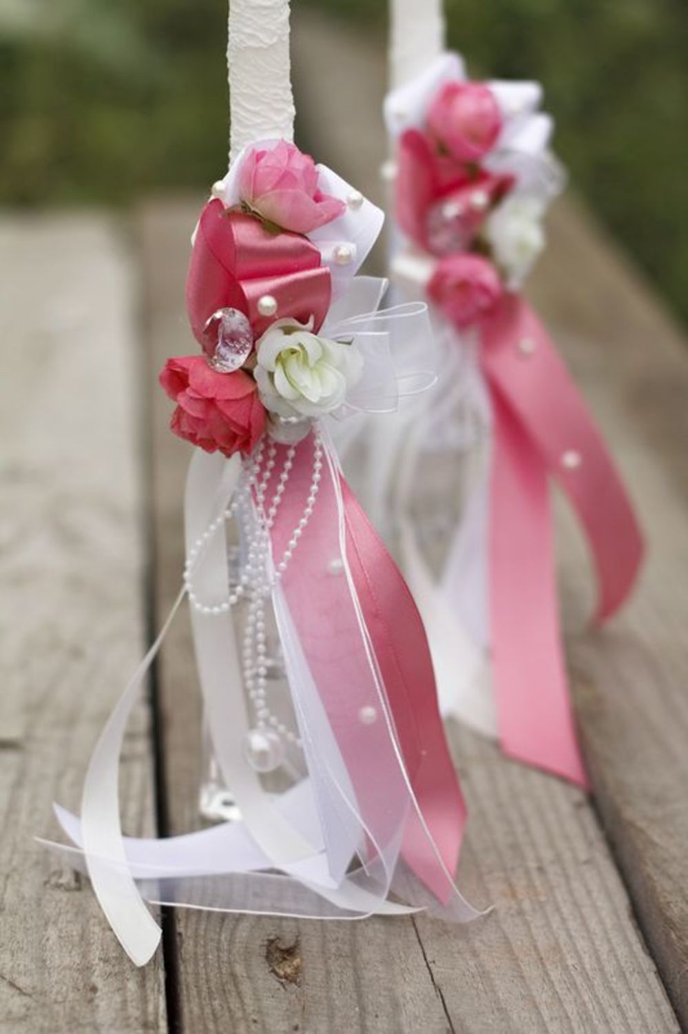 Wedding candle with pink ribbons photo 2
