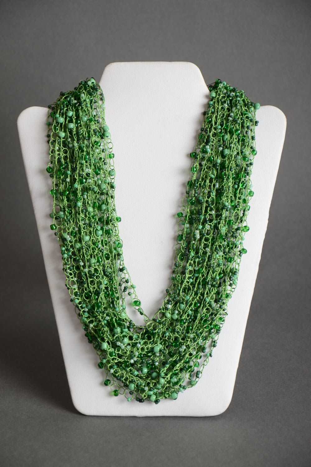 Handmade designer crocheted beaded necklace in green color palette for women photo 2