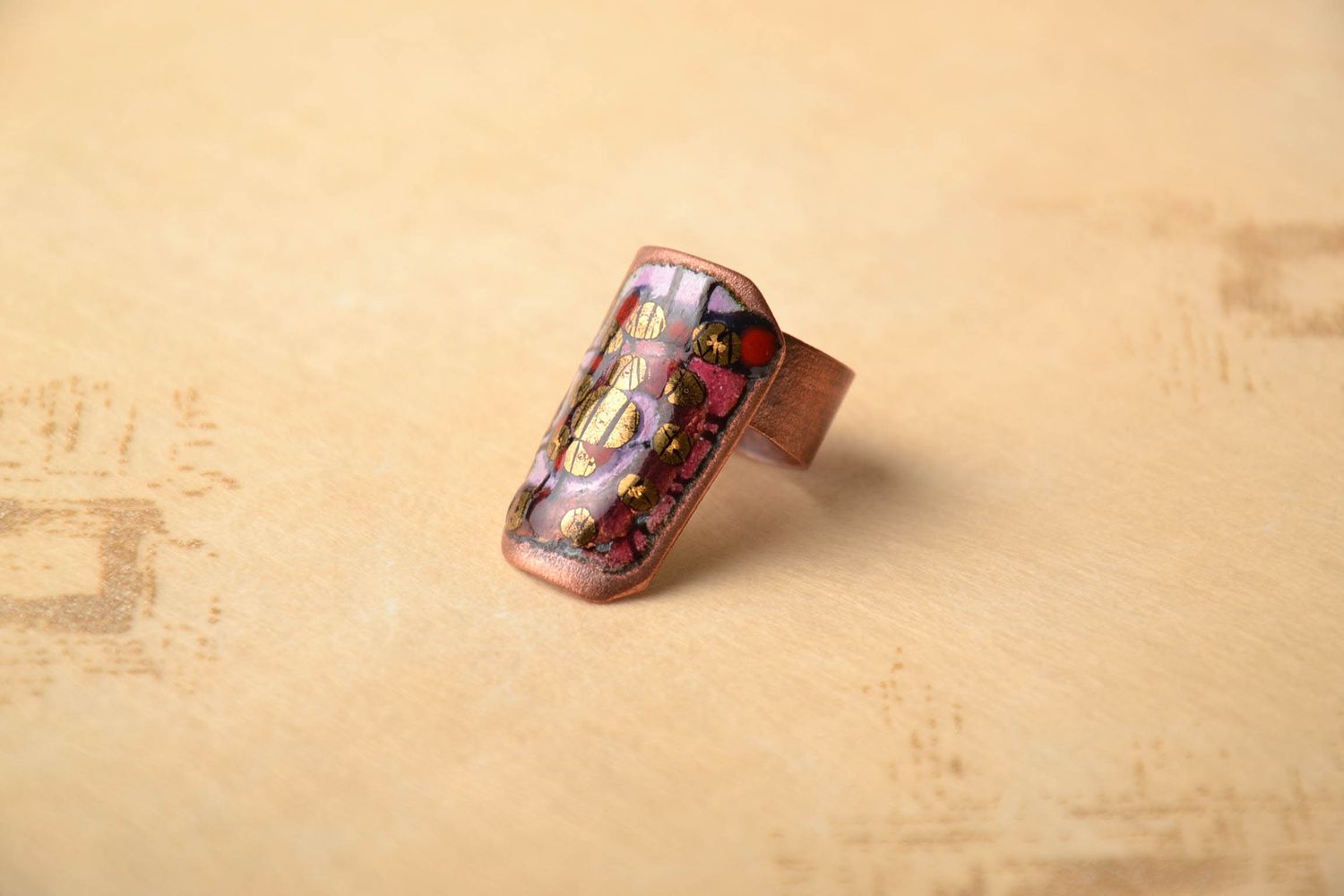 Copper ring with colorful enamel painting photo 1