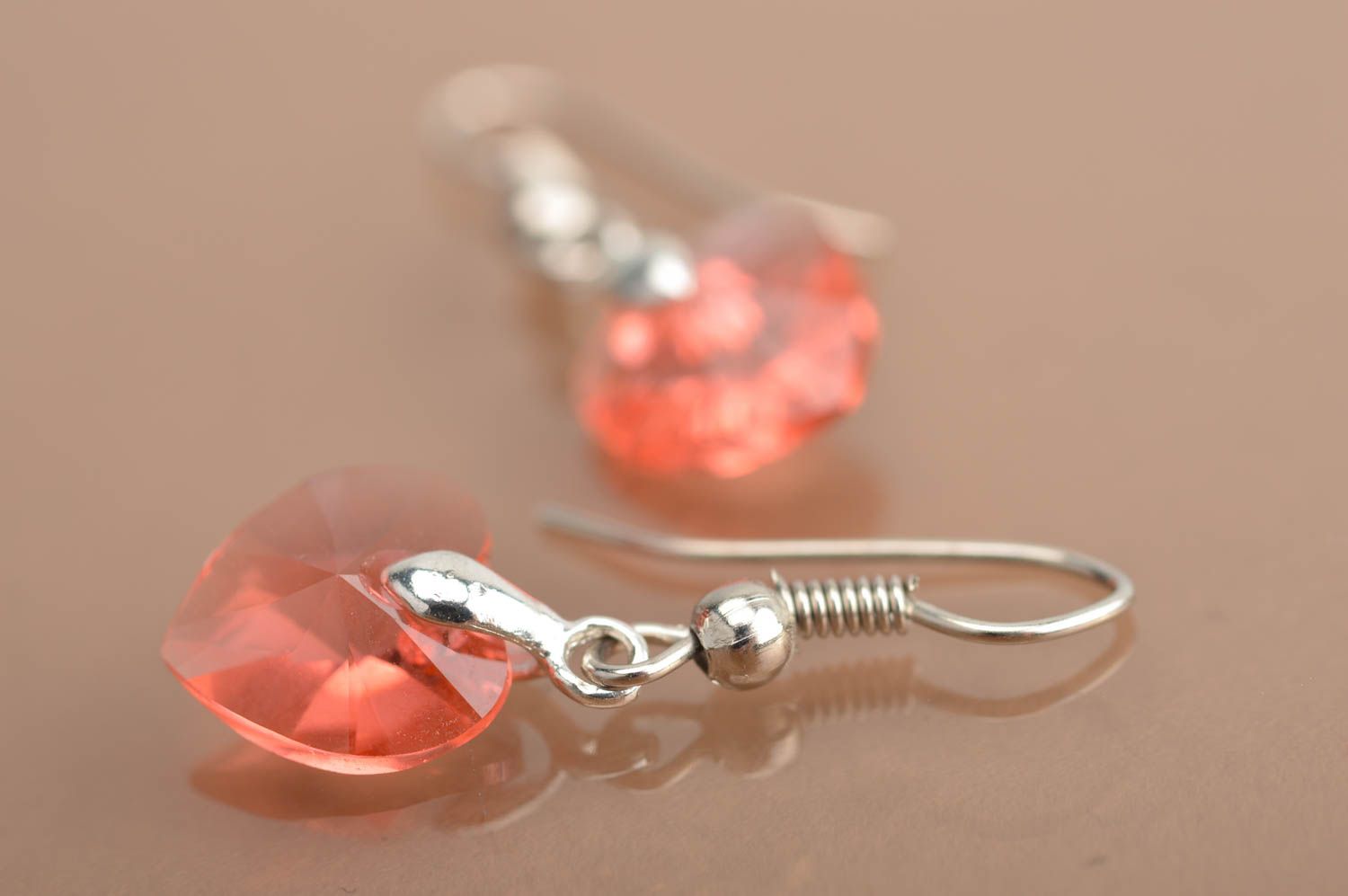 Beautiful red transparent handmade earrings with Austrian stones hearts photo 5