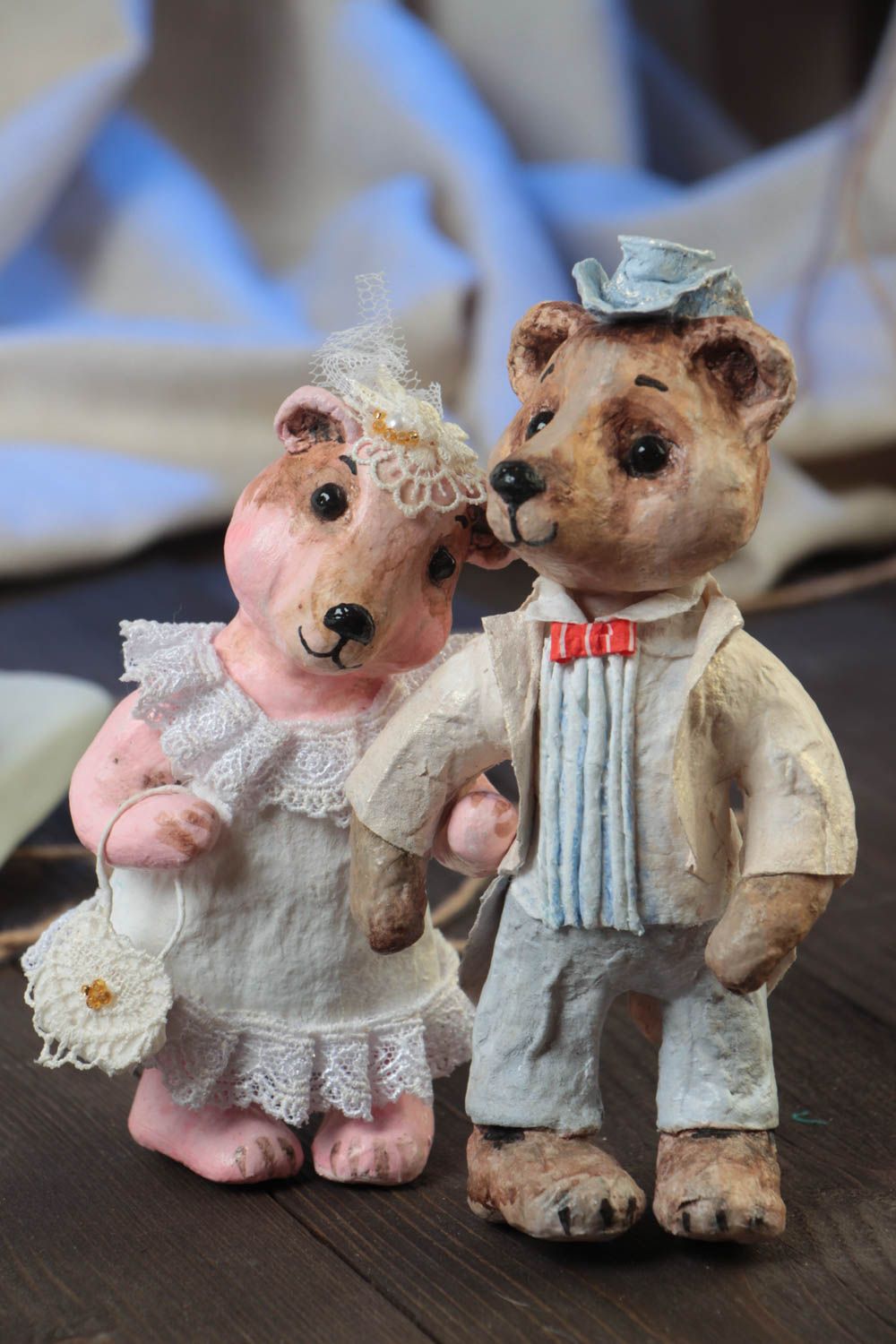 Statuette mariés en papier mâché faite main de collection couple d'ours  photo 1