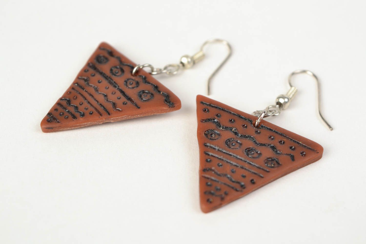 Handmade triangular earrings with charms made of polymer clay with pattern photo 4