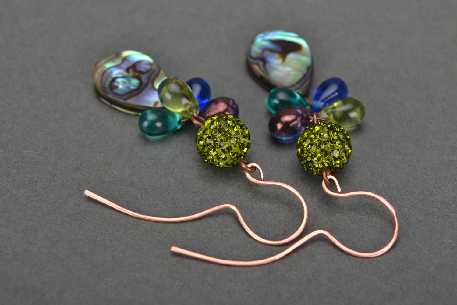Beautiful handmade designer long earrings with shellfish and Czech glass beads photo 3