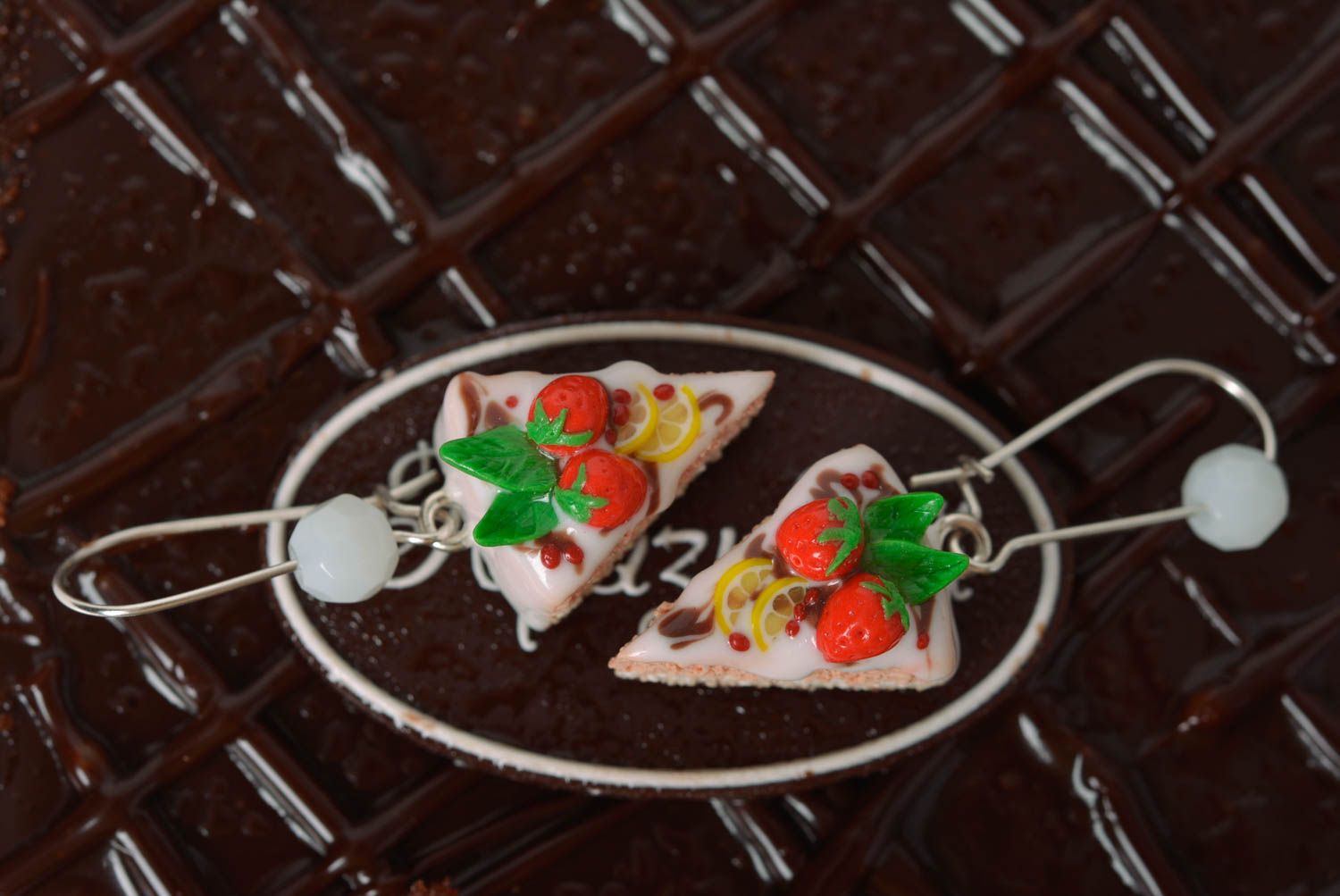 Unusual handmade designer polymer clay earrings molded in the shape of cakes photo 4