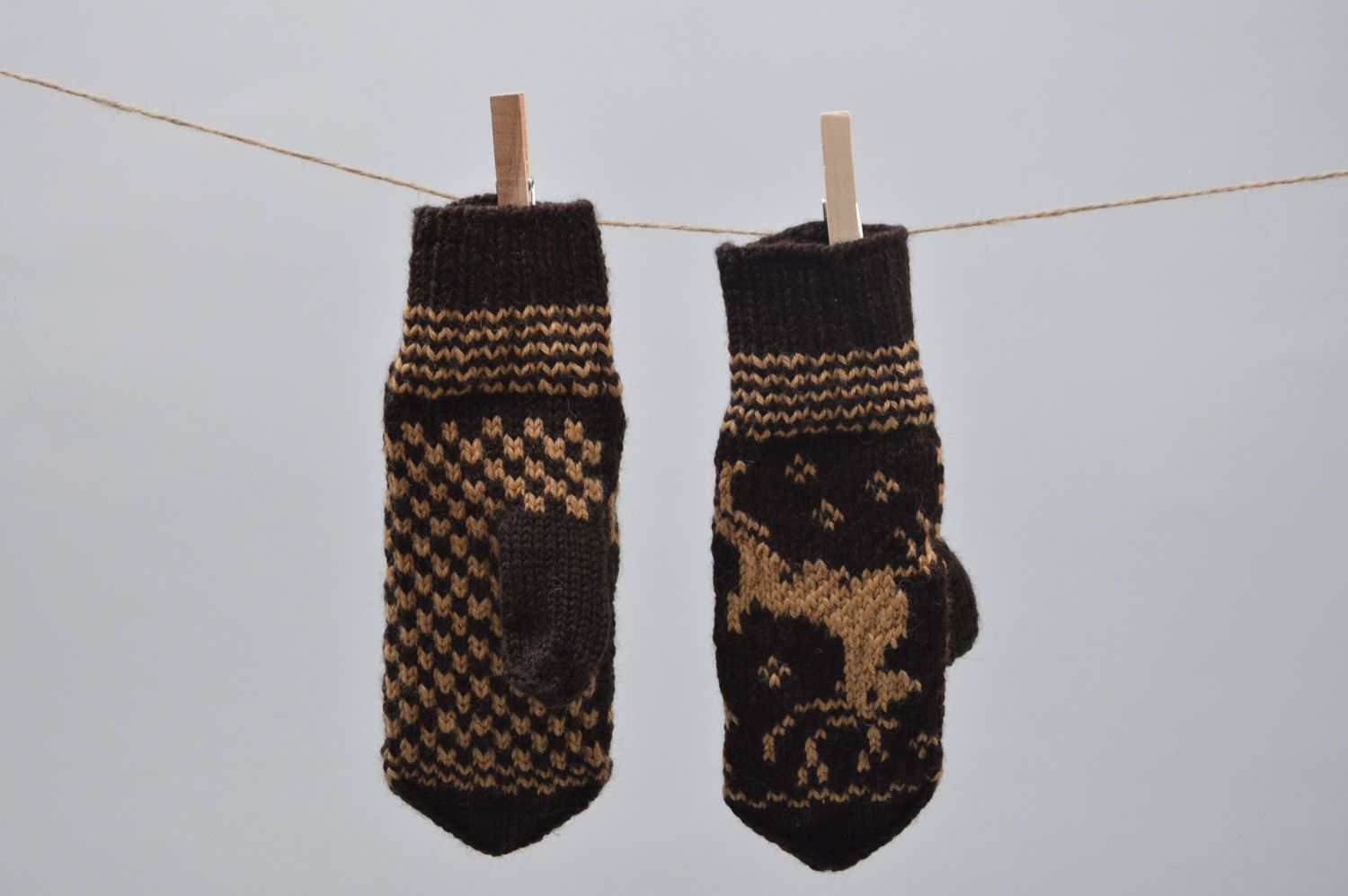 Handmade warm winter mittens knitted of wool with fancy ornaments Deer for men photo 5