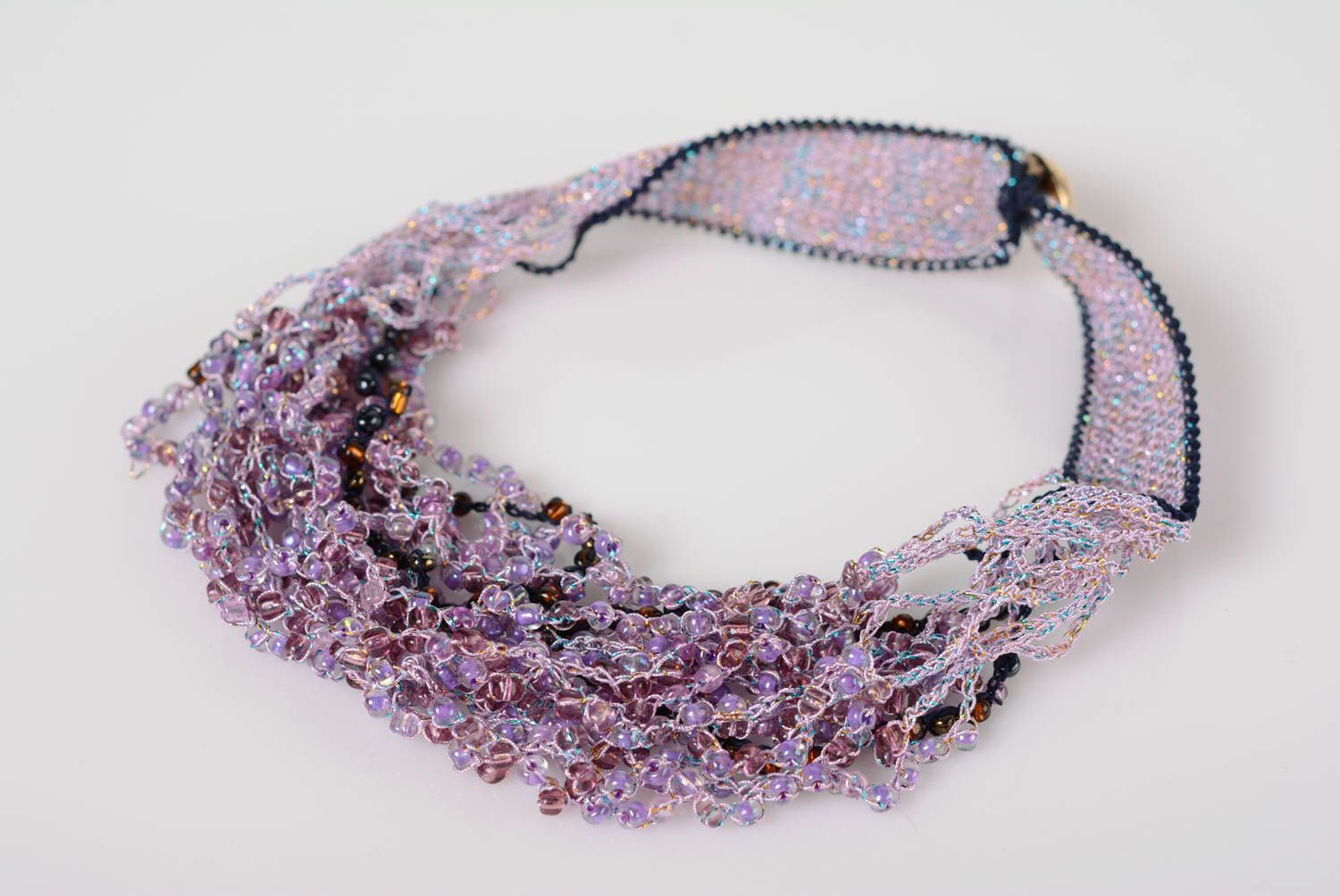 Handmade lilac crochet beaded necklace on thread basis photo 1