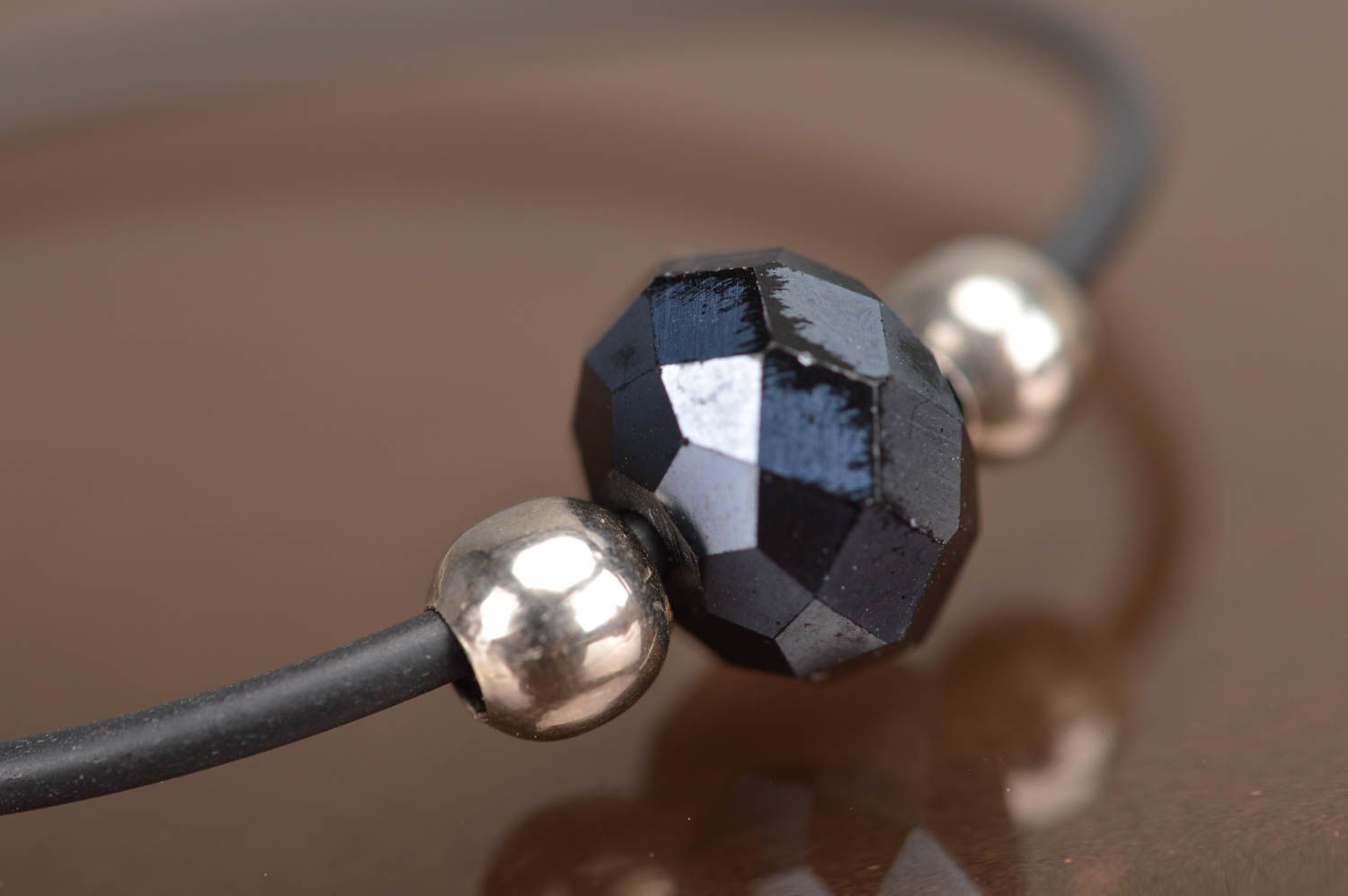 Handmade thin stylish unusual female black bracelet with Czech crystal photo 4