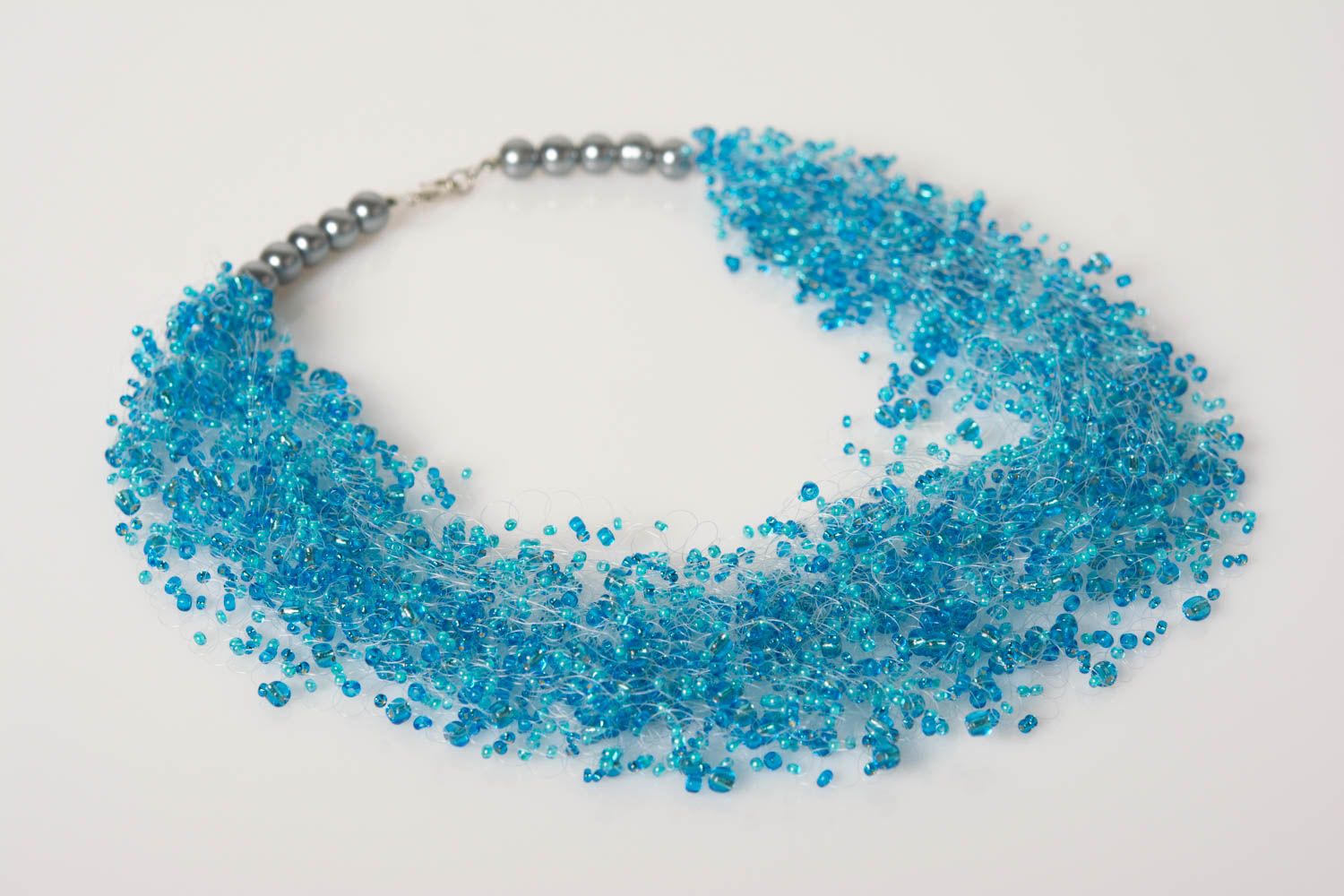 Handmade tender airy blue necklace woven of beads of different sizes for women photo 1