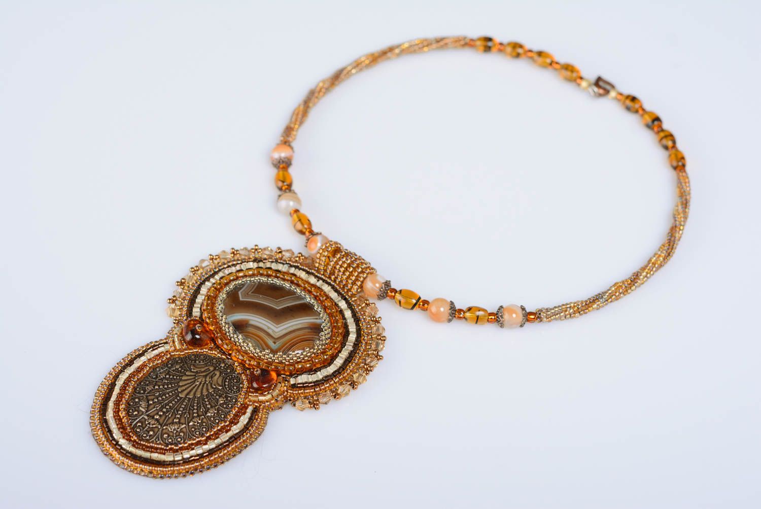 Handmade designer bead embroidered necklace with natural agate of terracotta color photo 1