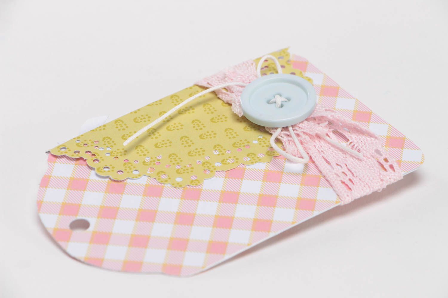 Beautiful small handmade gift tag with flowers of pink color scrapbooking photo 3