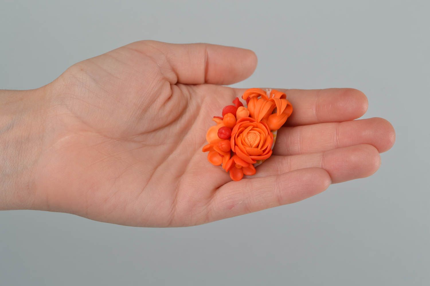Unusual handmade designer bright orange polymer clay flower brooch Lilies photo 2