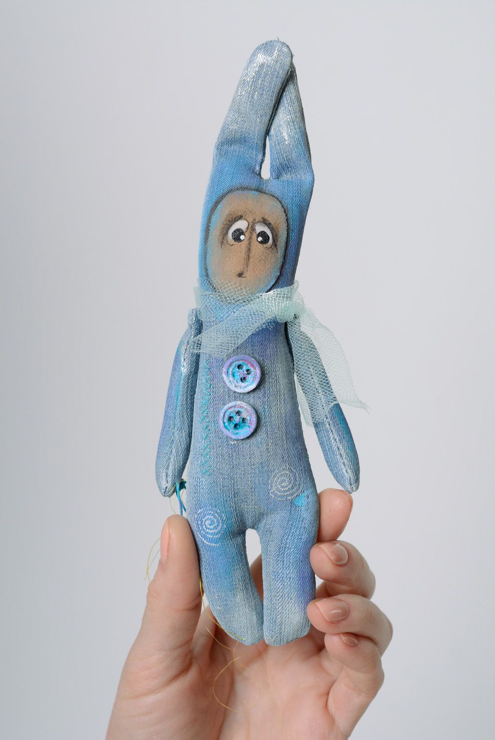 Handmade designer soft toy sewn of denim fabric and painted with acrylics photo 3