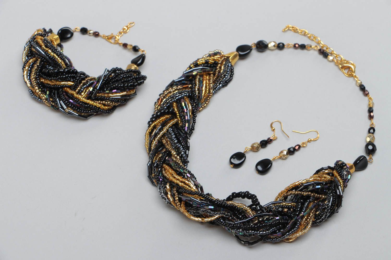 Dark handmade designer beaded jewelry set 3 pieces bracelet necklace and earrings photo 2