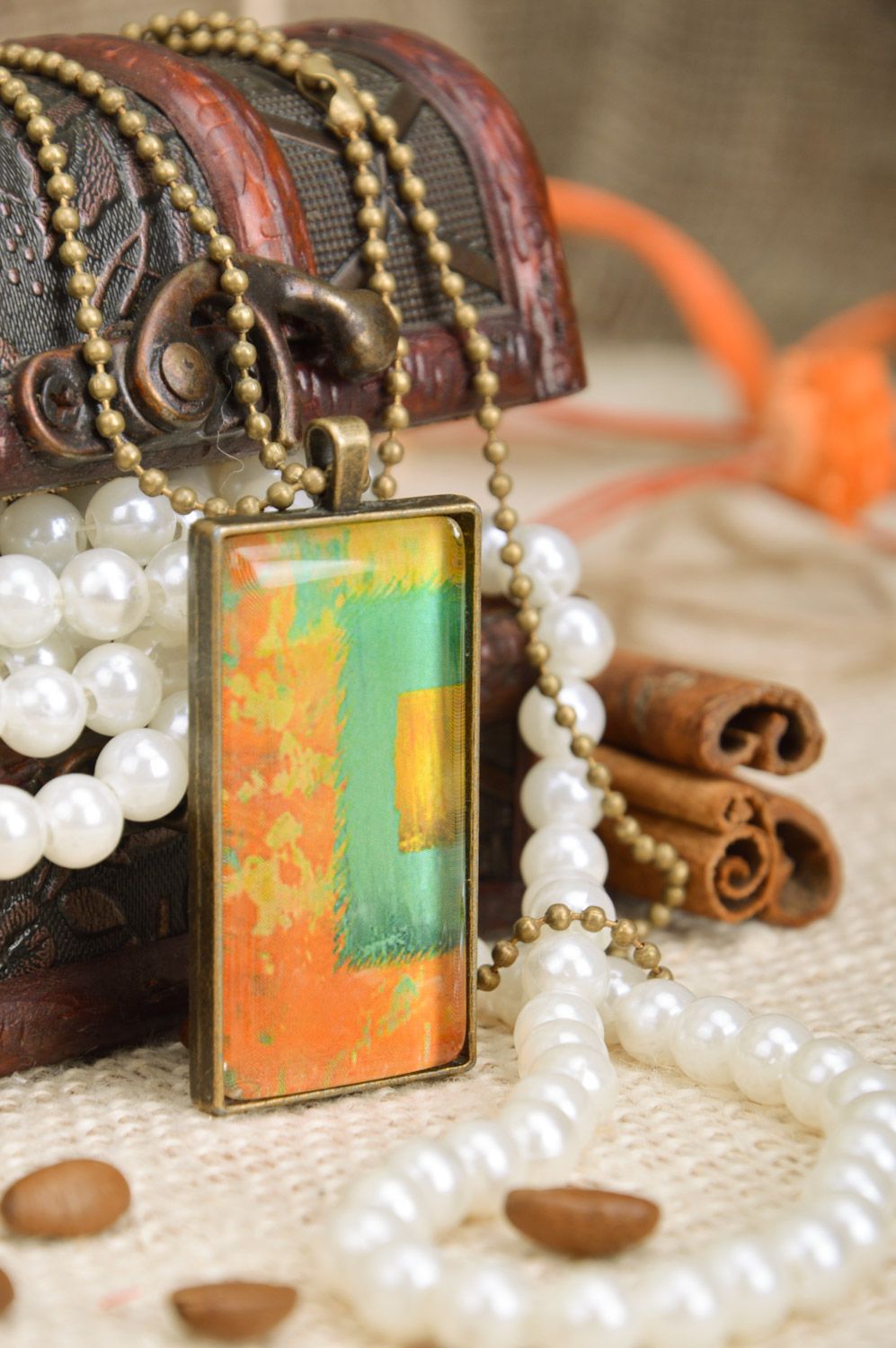 Handmade rectangular metal pendant with long chain in unusual style Picasso photo 1