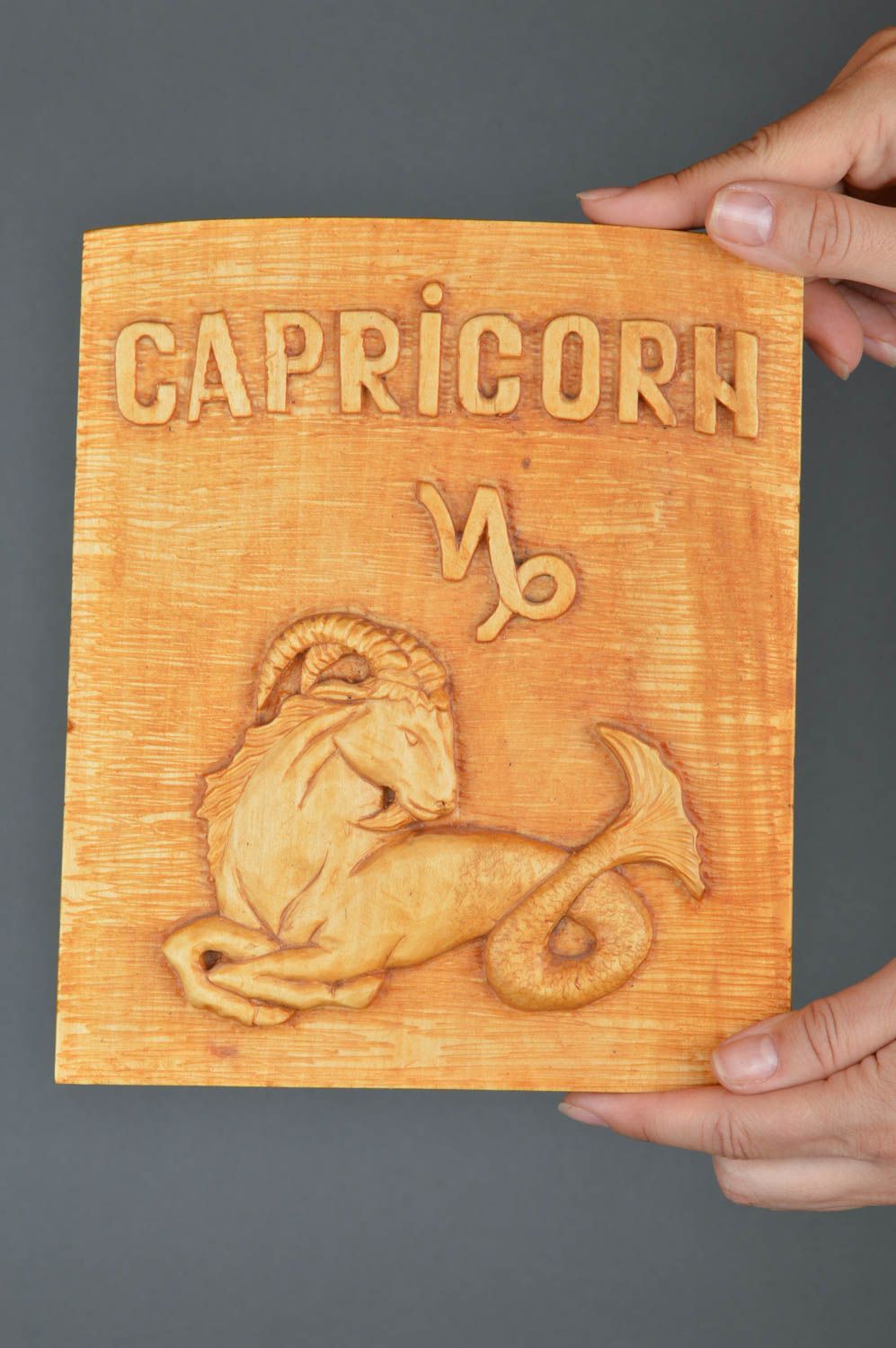 Beautiful handmade carved wooden wall hanging panel with Capricorn zodiac sign photo 3