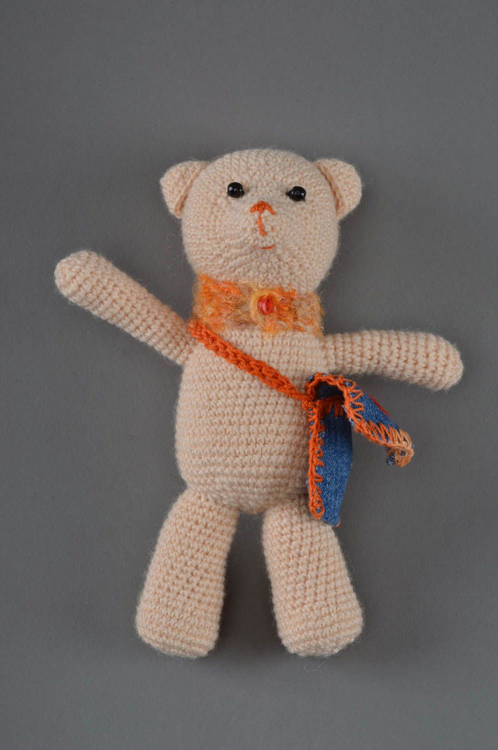 Soft crocheted small sized toy of beige color cute Bear handmade baby present photo 1
