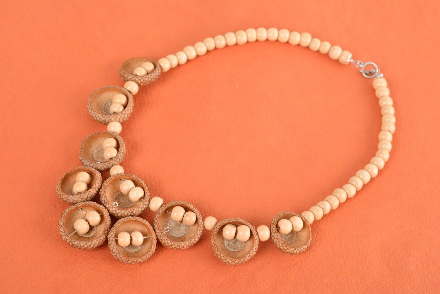 Necklace with wooden beads and acorns handmade designer accessory in eco-style photo 1