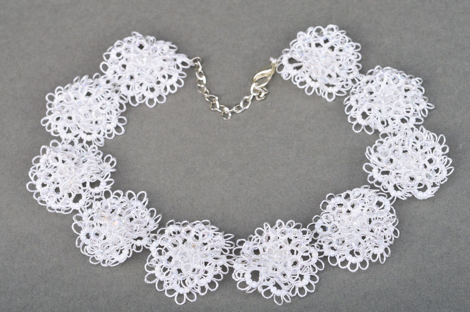 Handmade tatted necklace woven of white satin threads and Czech beads for women photo 4