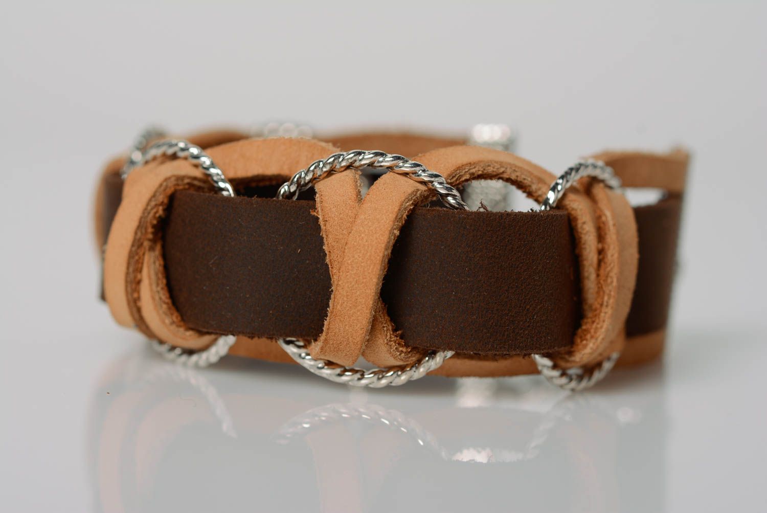 Unusual handmade designer brown genuine leather wrist bracelet photo 1