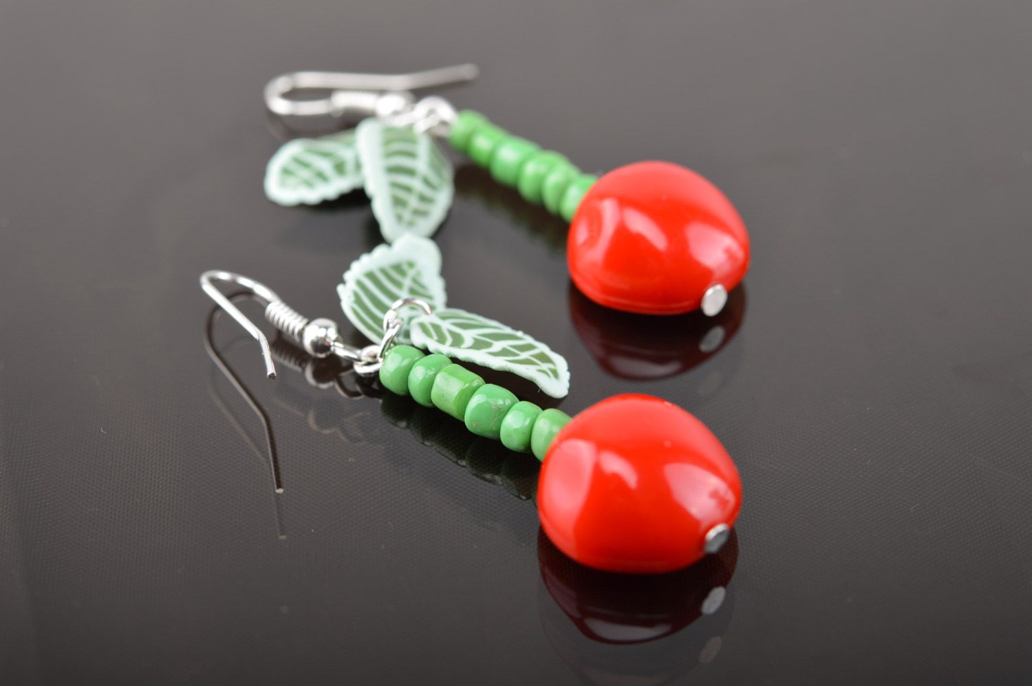 Homemade long polymer clay earrings with charms in the shape of cherries photo 3