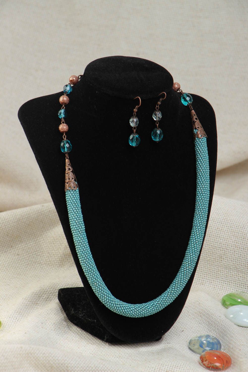 Set of handmade designer jewelry beaded cord necklace and dangling earrings photo 1