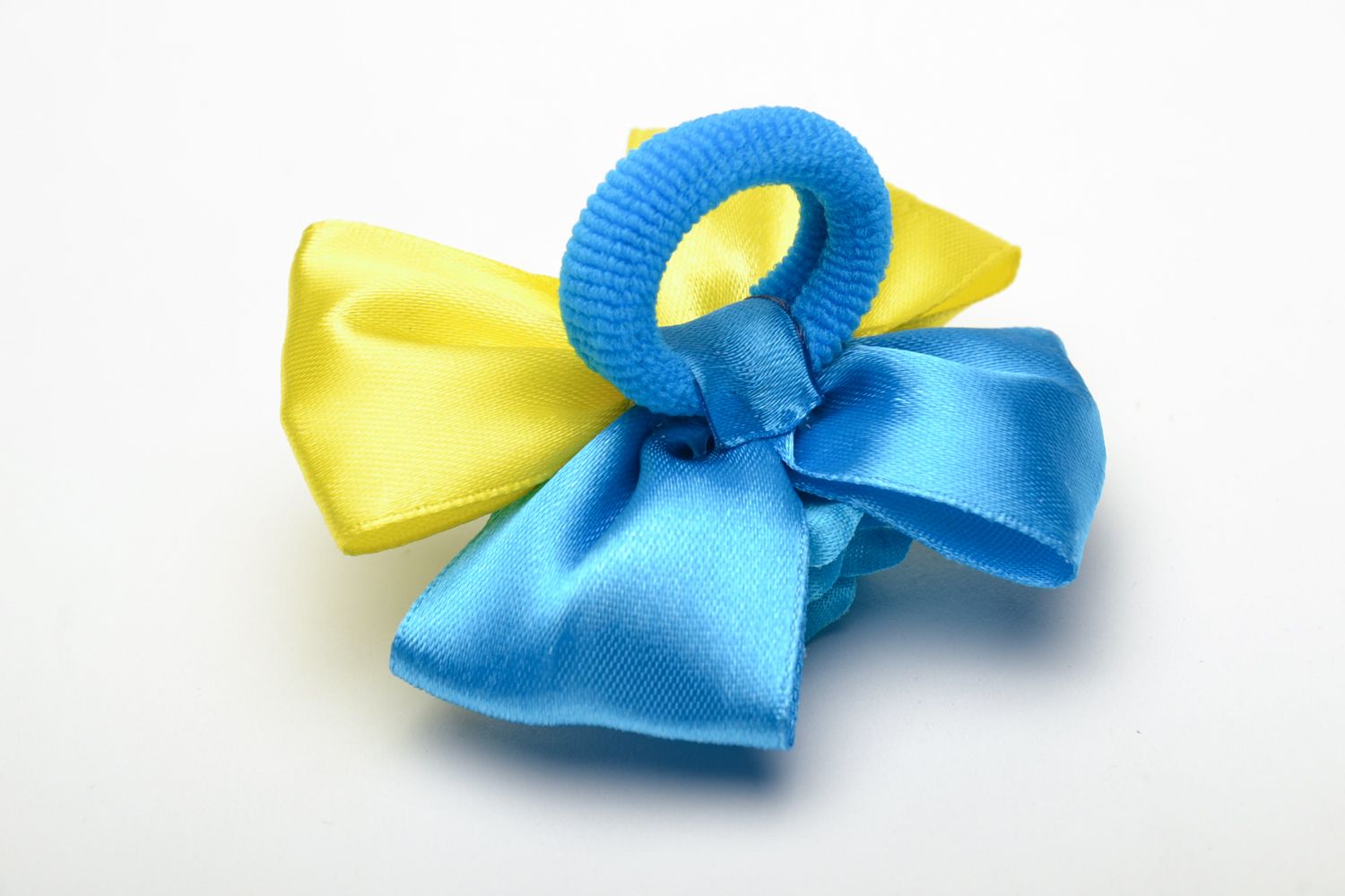 Belle barrette faite main originale en forme de noeud de ruban bleu jaune photo 4