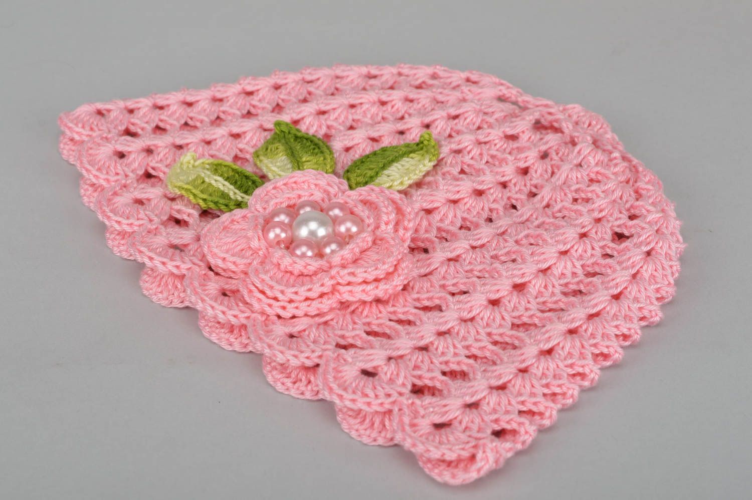 Bonnet fille fait main Bonnet tricot rose avec fleur ajouré Accessoire enfant photo 1