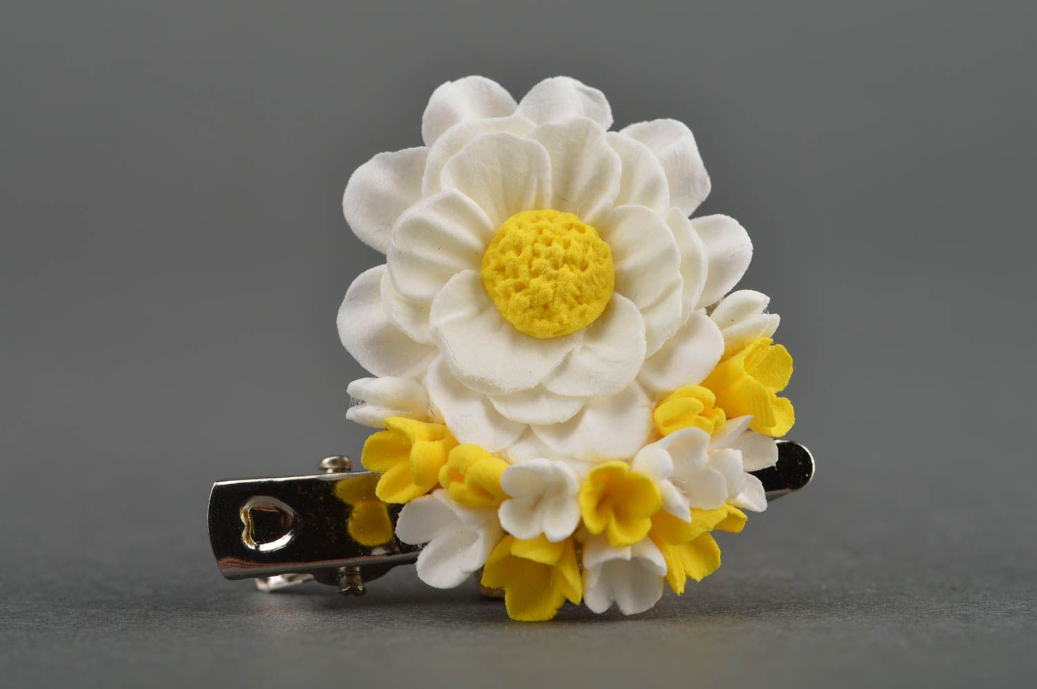 Beautiful white and yellow handmade design polymer clay flower brooch hair clip photo 2