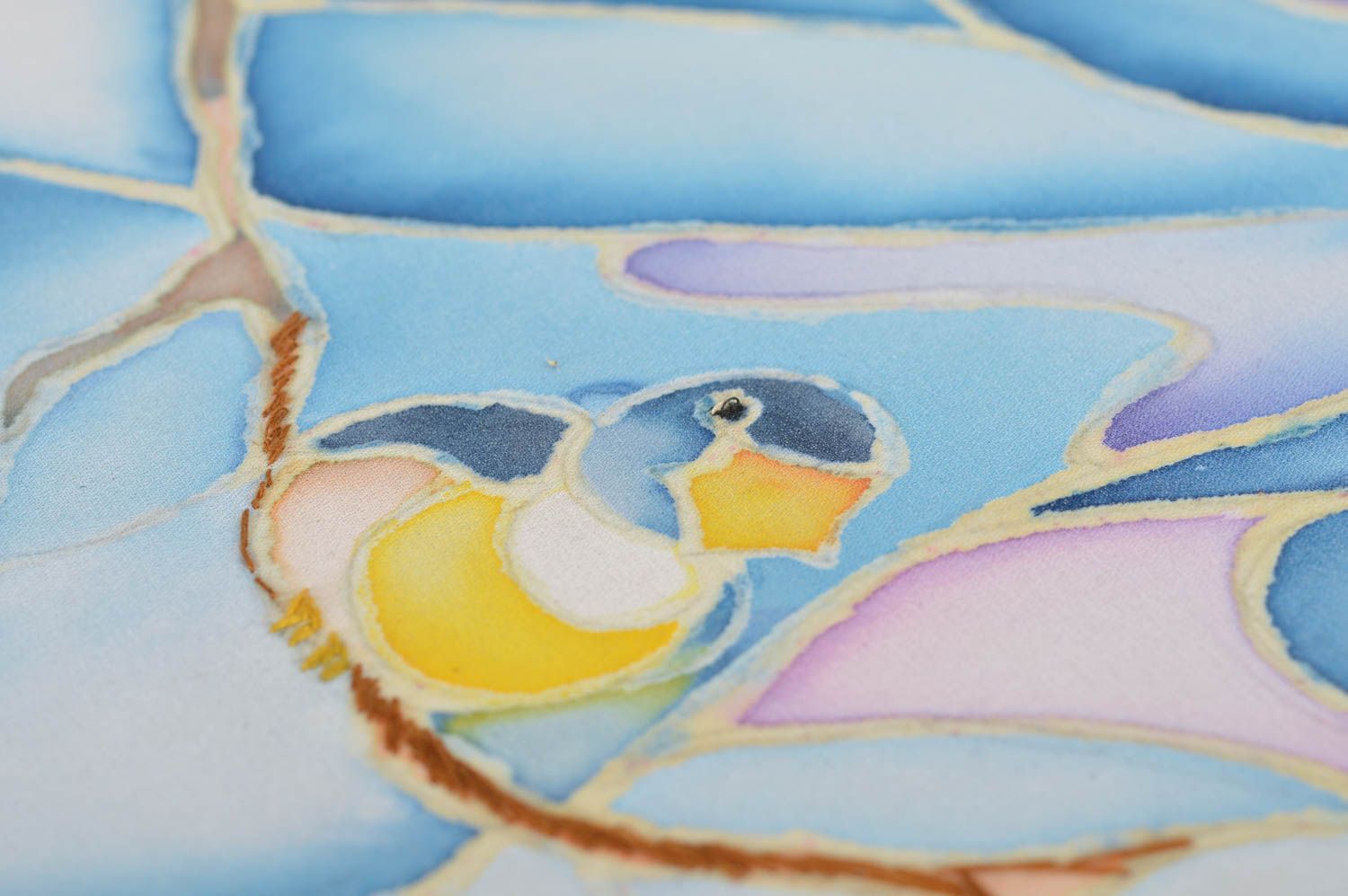 Beau tableau décoratif mural fait main technique de batik Oiseaux d'hiver photo 4