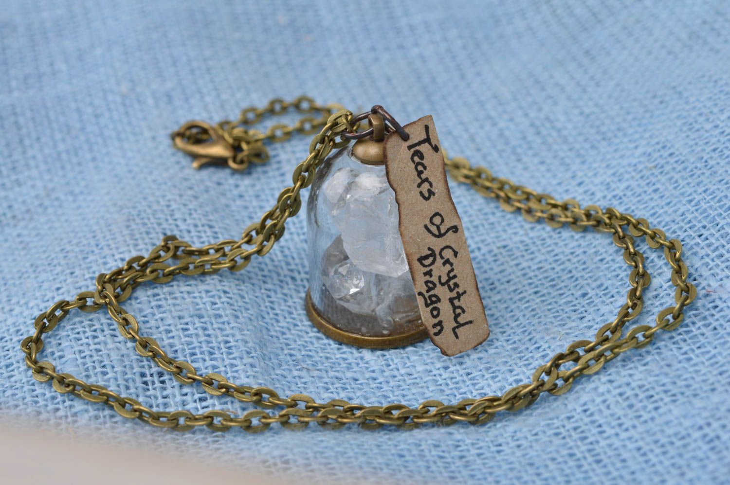 Handmade cute pendant in shape of glass jar with crystals inside on chain photo 1