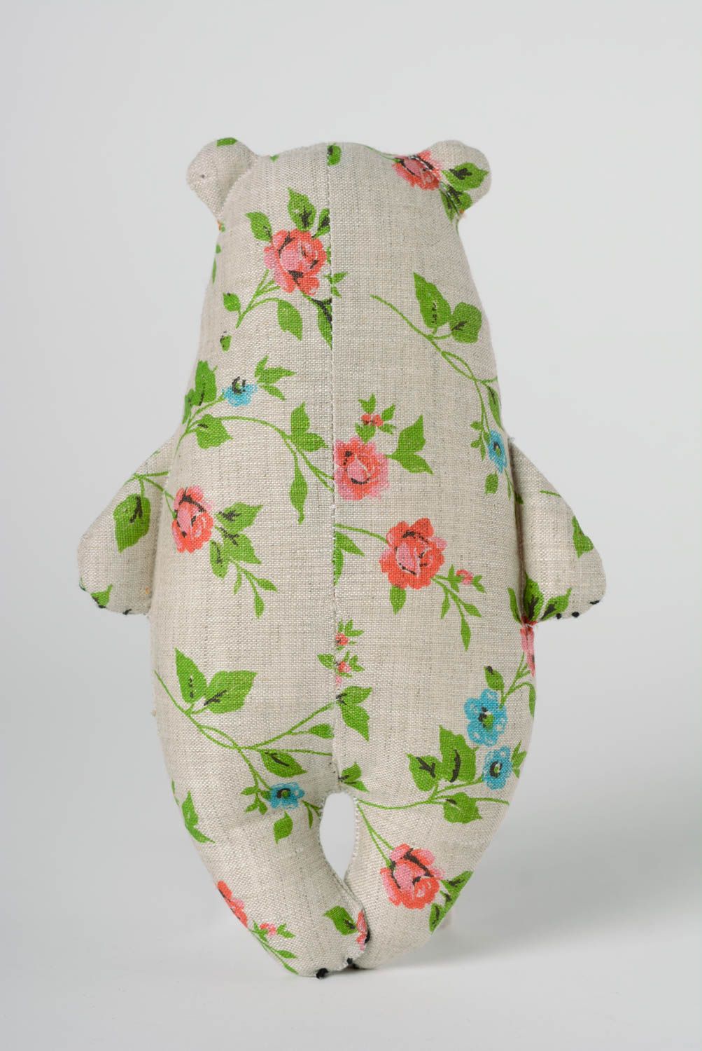 Handmade soft toy bear sewn of one colored and patterned linen with embroidery photo 4