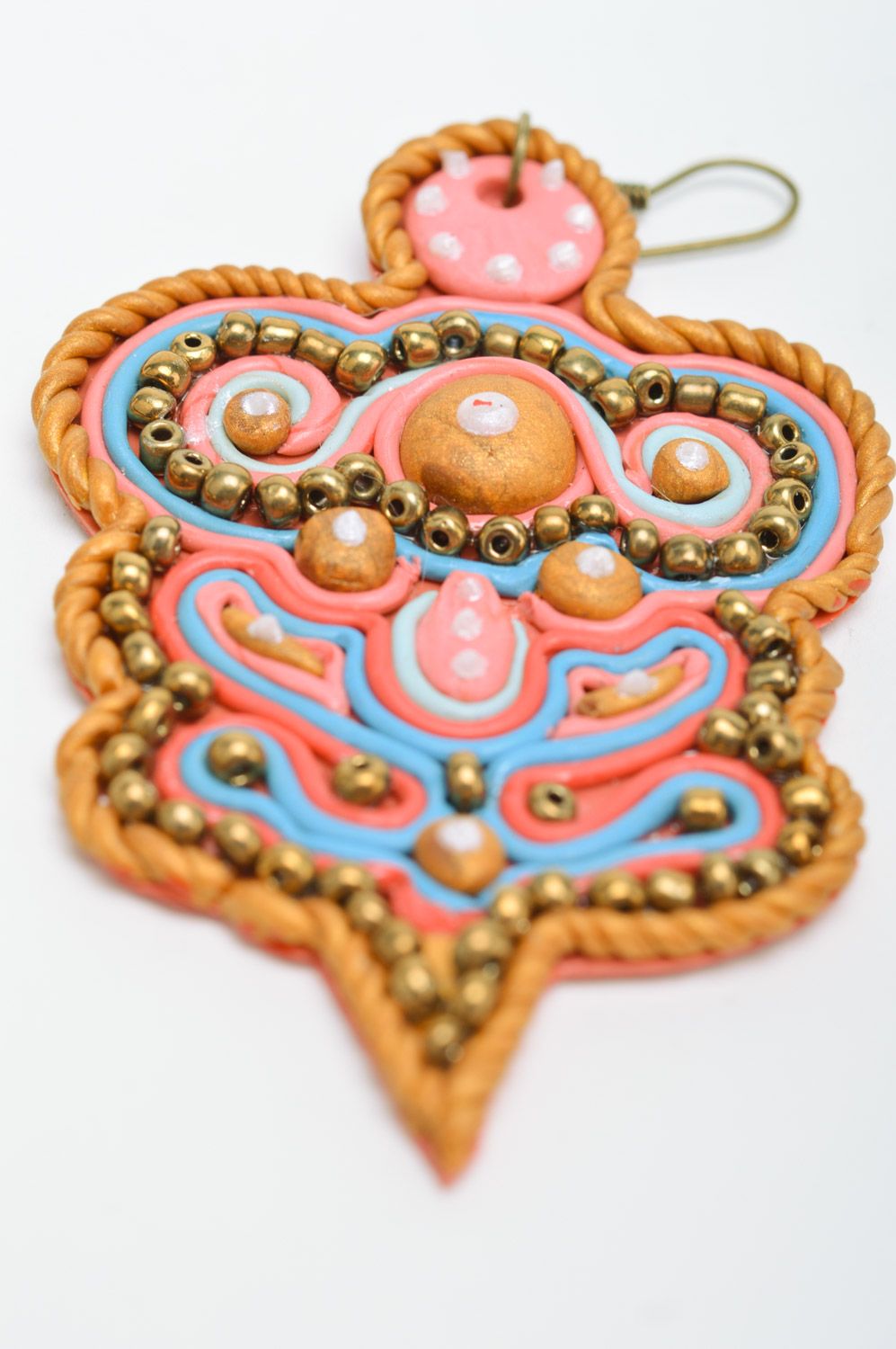 Large massive handmade earrings made of polymer clay in soutache style photo 5