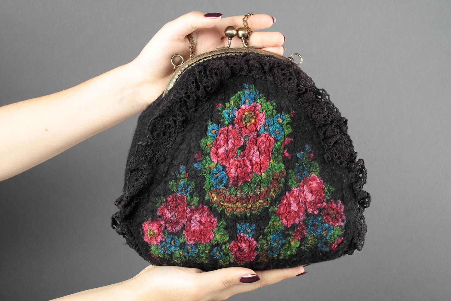 Black handmade bag felt handbag women bag with floral pattern ladies gift photo 2