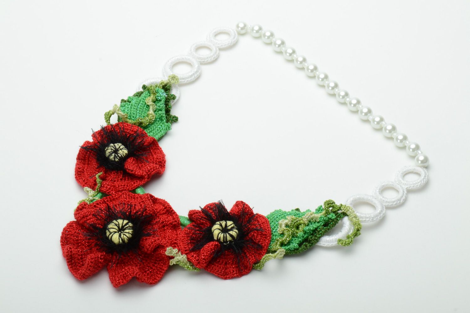 Handmade crochet acrylic and cotton necklace with poppies photo 2