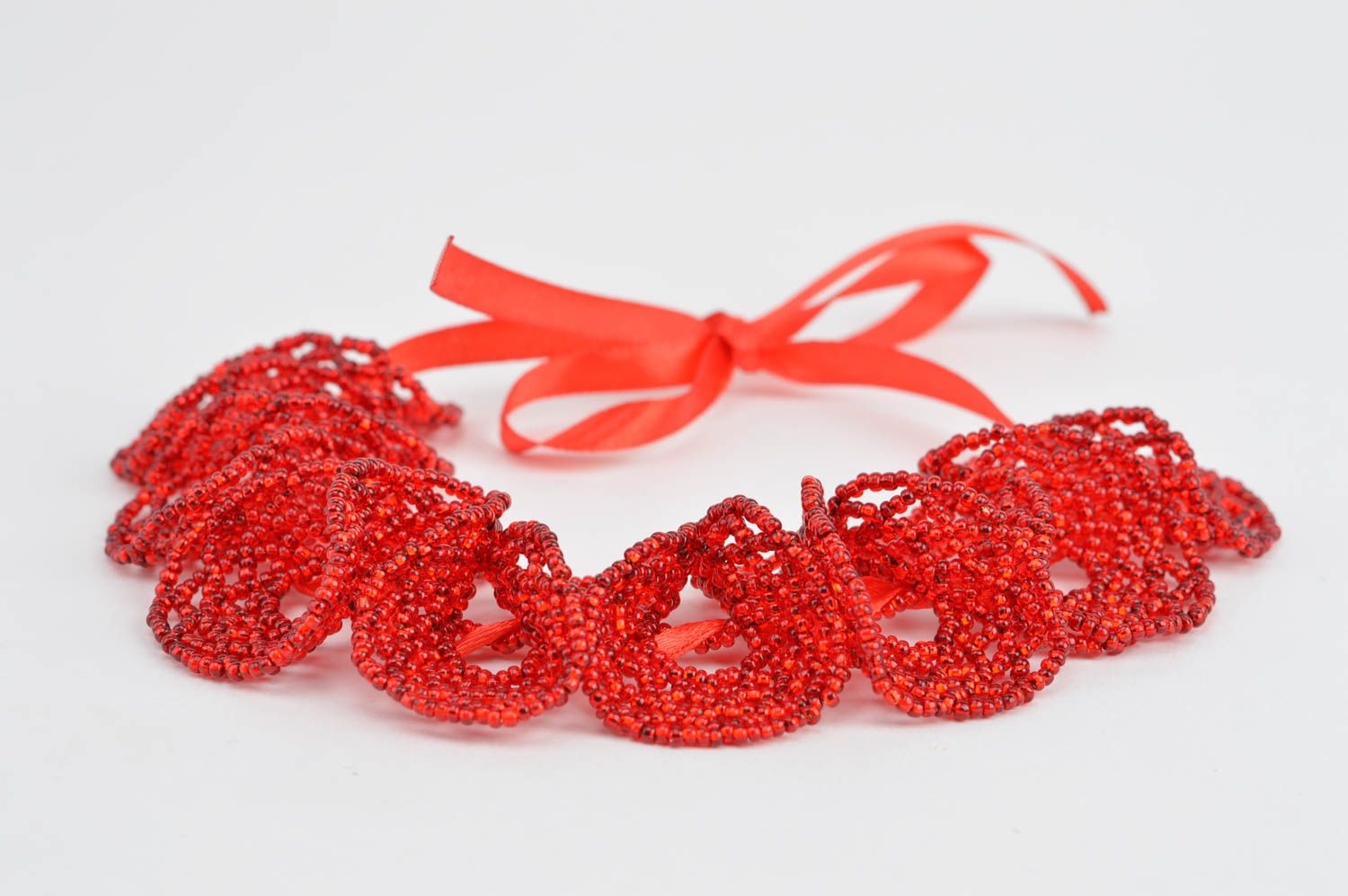 Beautiful wide red handmade woven bead bracelet with ribbons photo 2