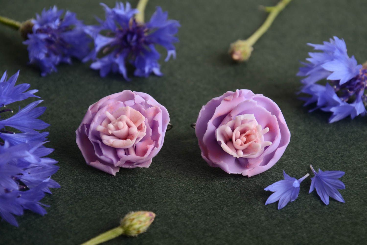 Handmade designer polymer clay small stud earrings with flowers of lilac color photo 1