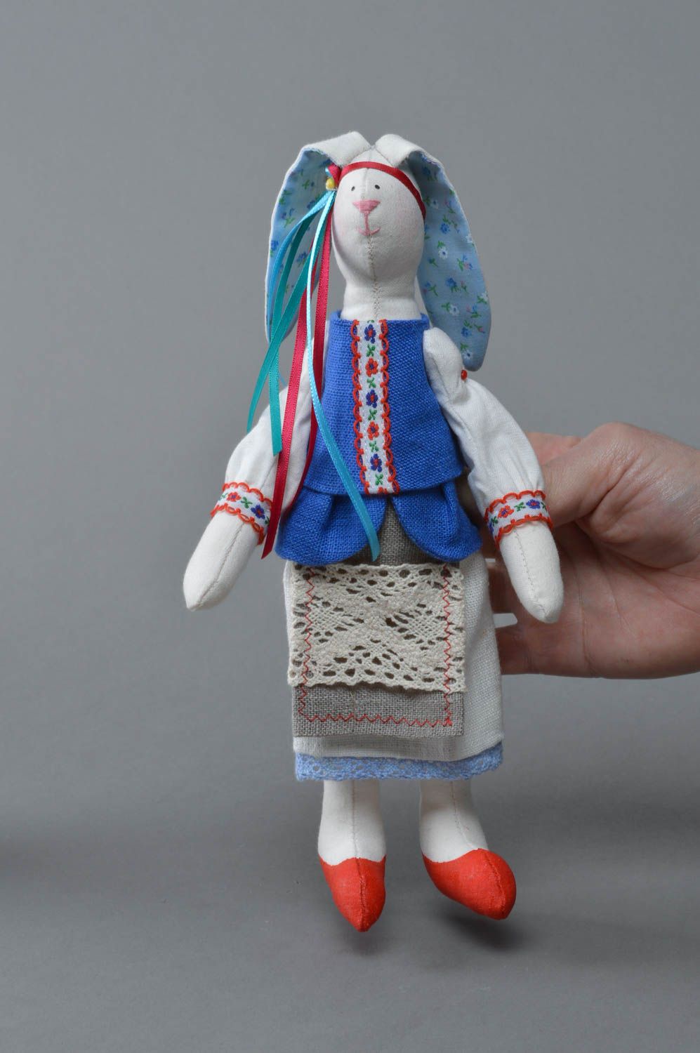 Handmade designer linen and cotton soft toy rabbit girl in traditional costume photo 4