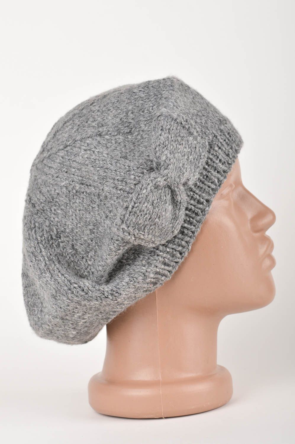 Handmade grey crocheted cap beautiful female beret elegant women headwear photo 3