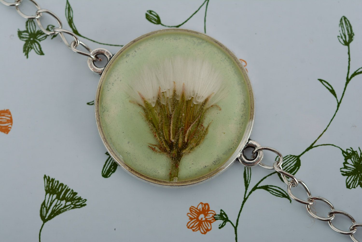 Handmade round transparent pendant with flower in epoxy resin on long metal chain photo 5