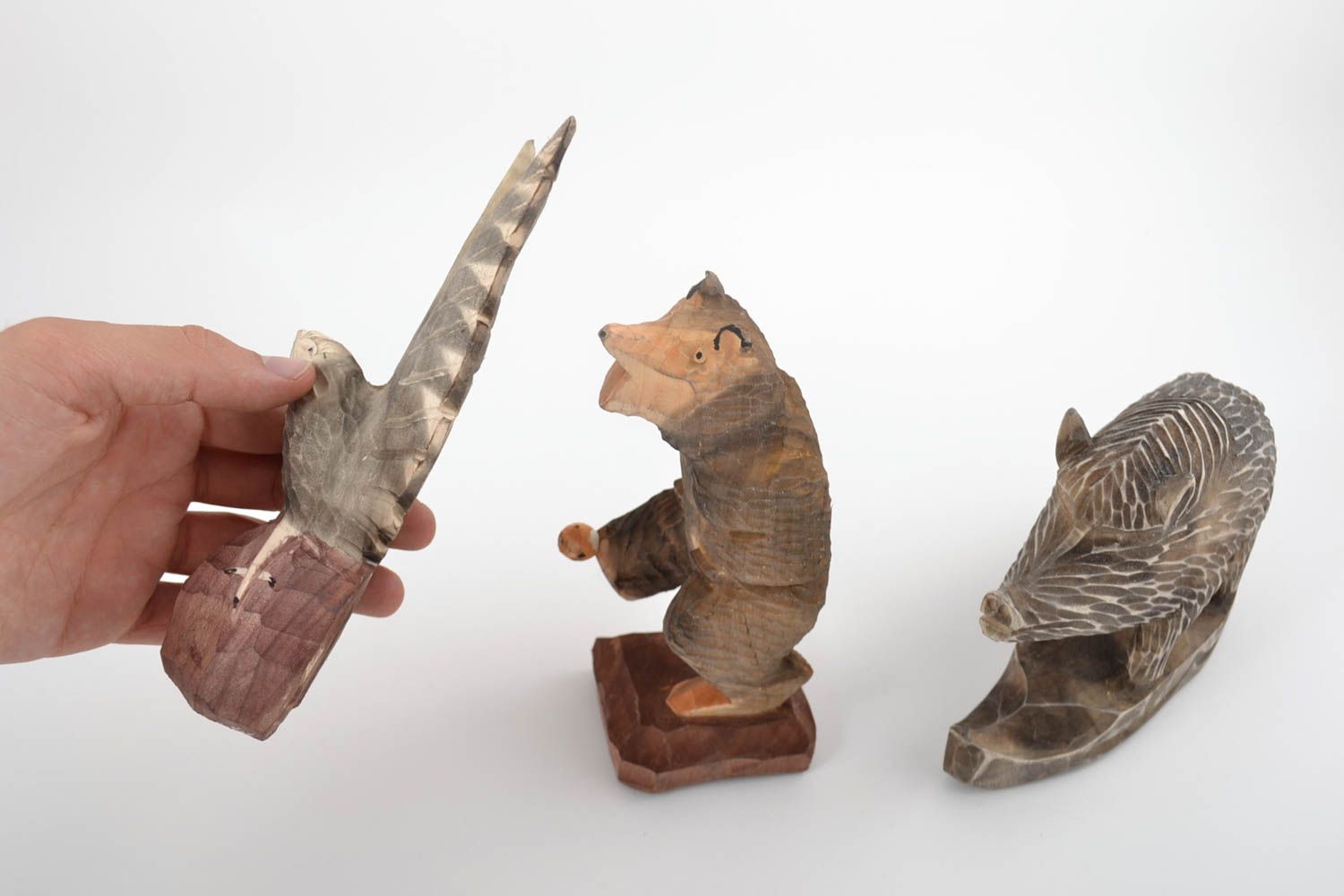Set of figurines bear boar and eagle made of wood 3 pieces handmade decor photo 2