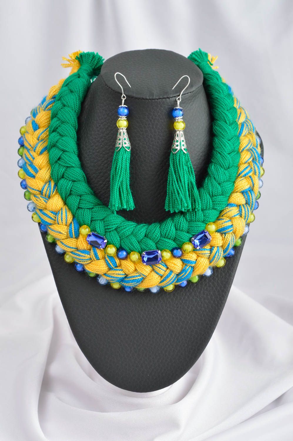 Handmade Mode Accessoires Schmuck Set Halskette Damen lange Ohrringe grün gelb foto 1