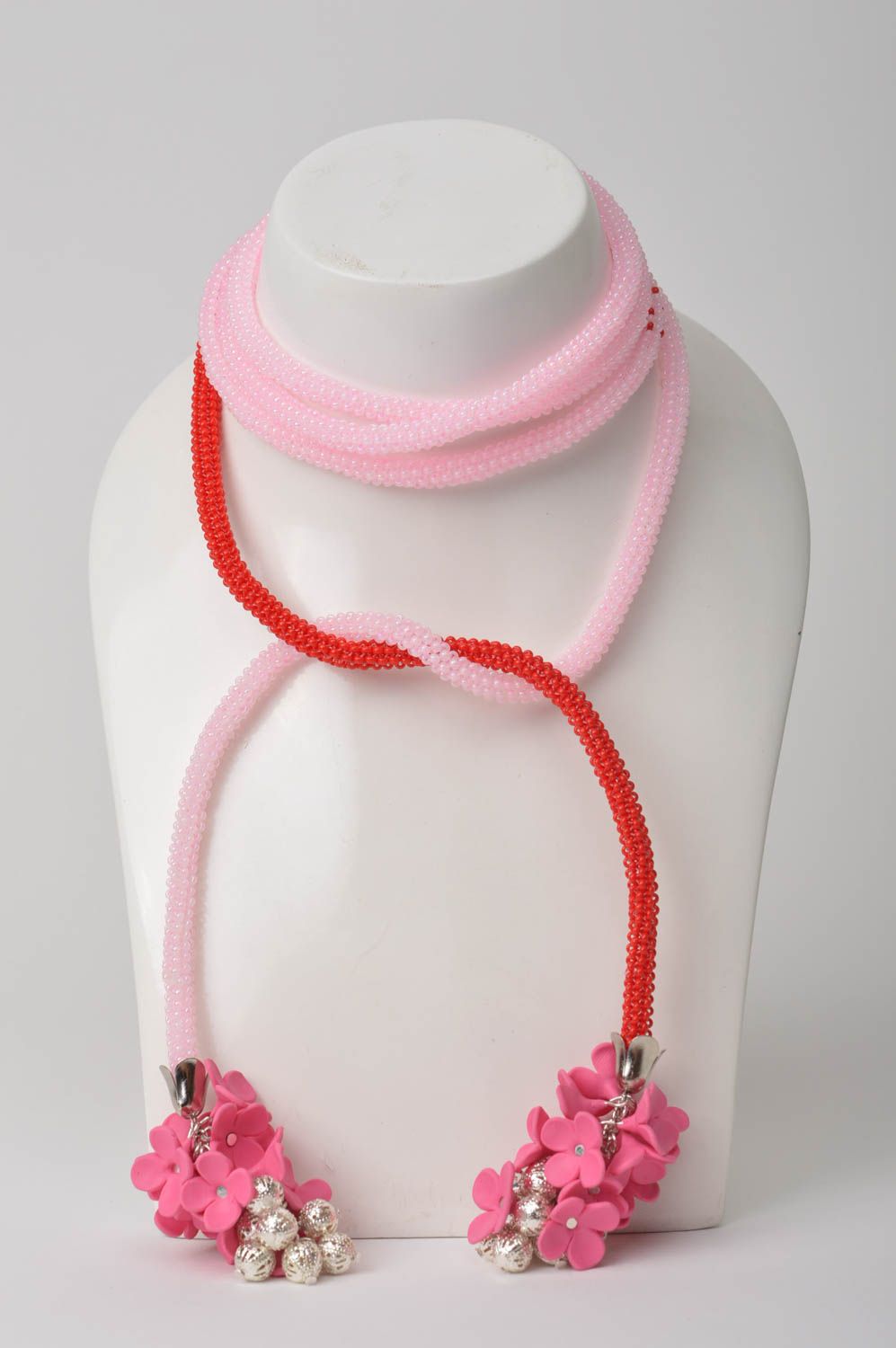 Handmade Rocailles Kette lange Halskette Damen Collier rot rosa mit Blumen foto 2