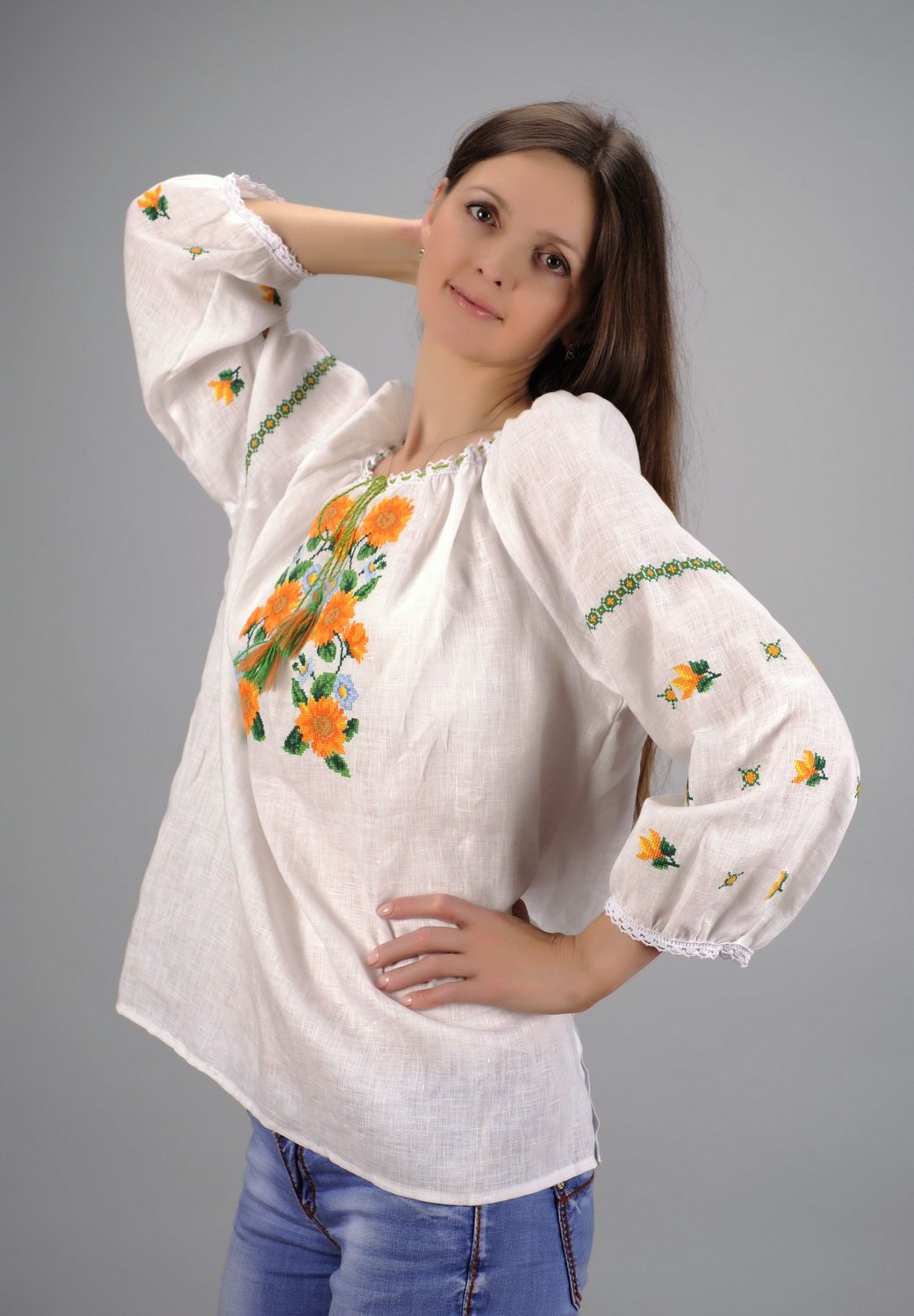 Ethnic tunic made of flax embroidered shirt photo 5