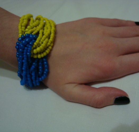 Large bracelet tressé de perles de rocaille double couleur jaune bleu fait main photo 1