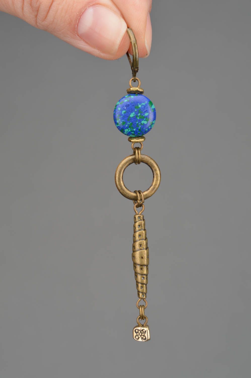 Handmade long dangle metal earrings with blue beads designer accessory for women photo 3
