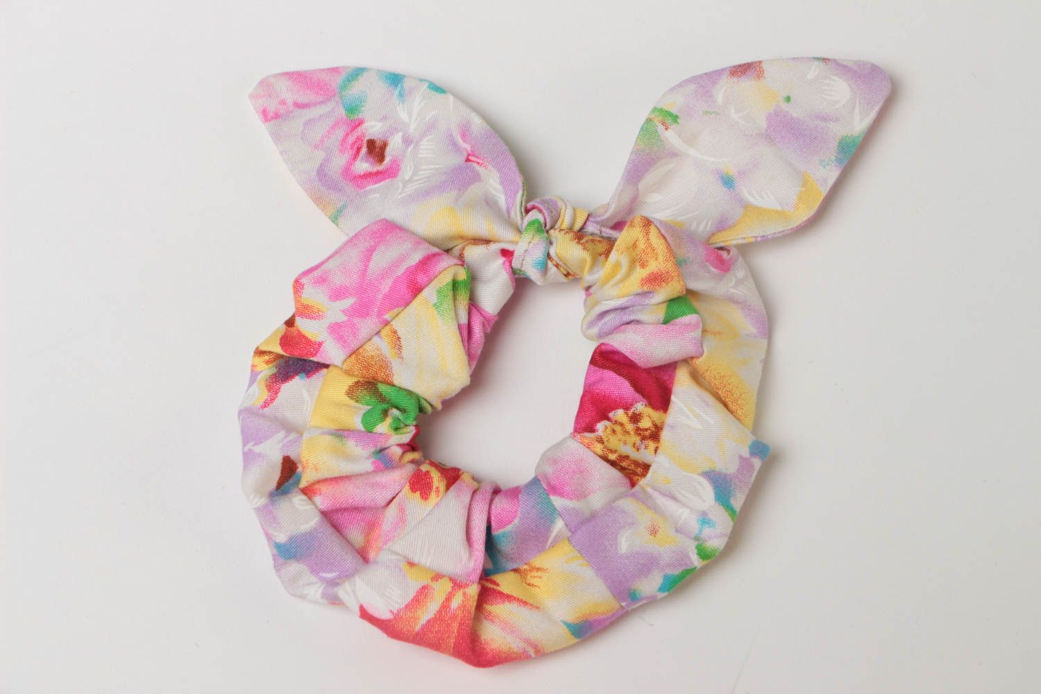 Handmade decorative cotton fabric hair band with dolly bow with floral pattern photo 2