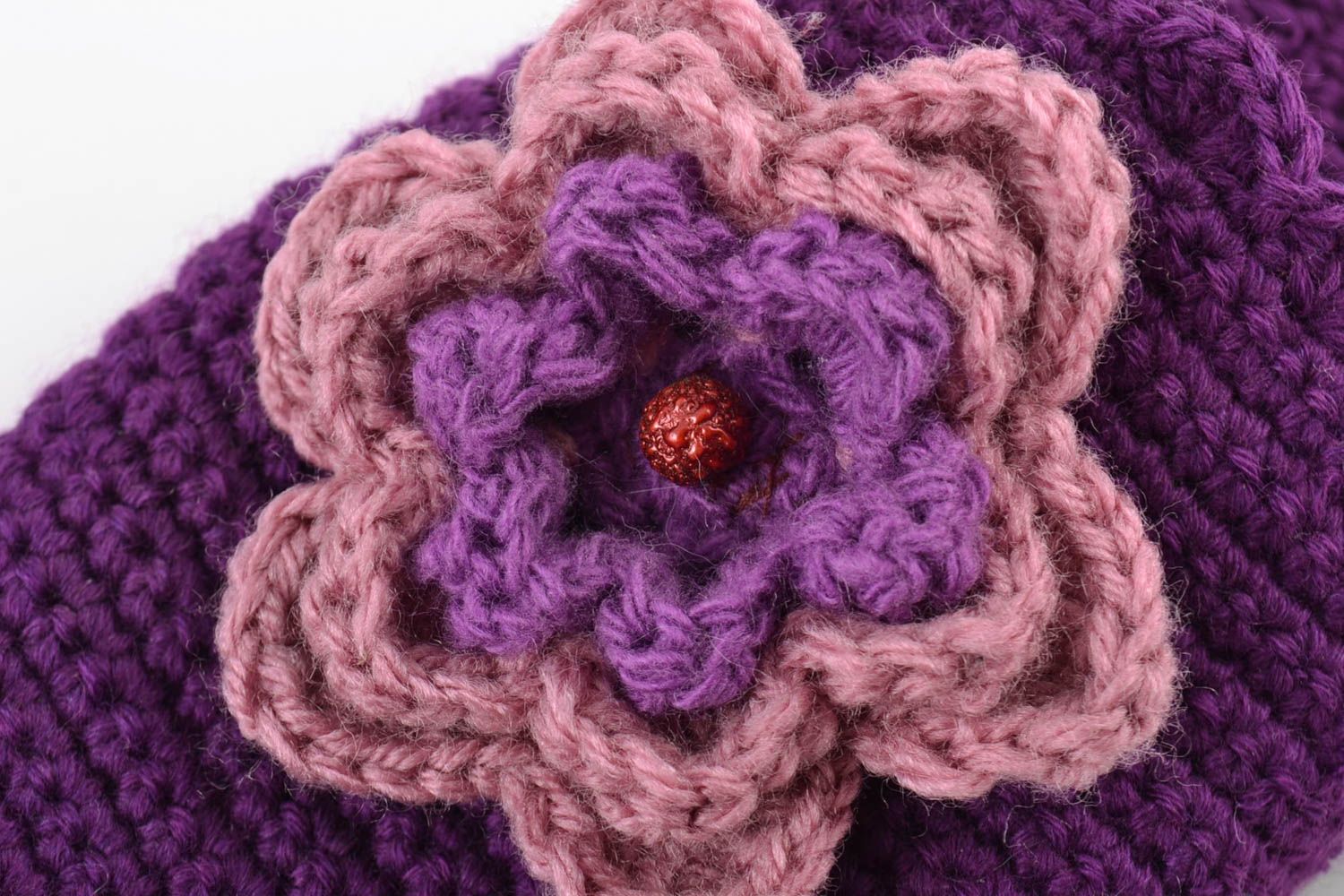 Handmade warm comfortable crochet slippers of violet color with flowers for women photo 3