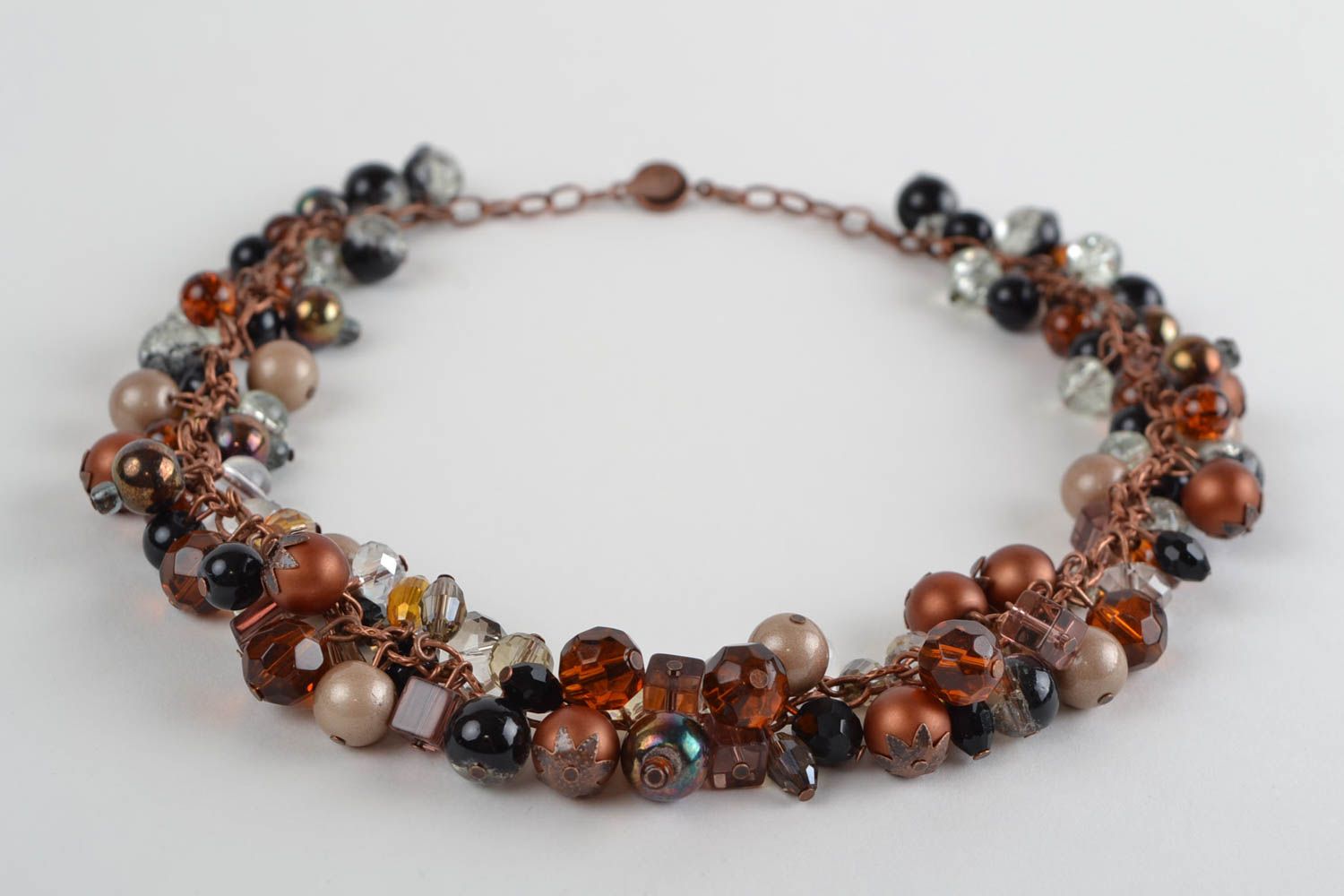 Unusual brown handmade designer necklace with glass and natural stone beads photo 5