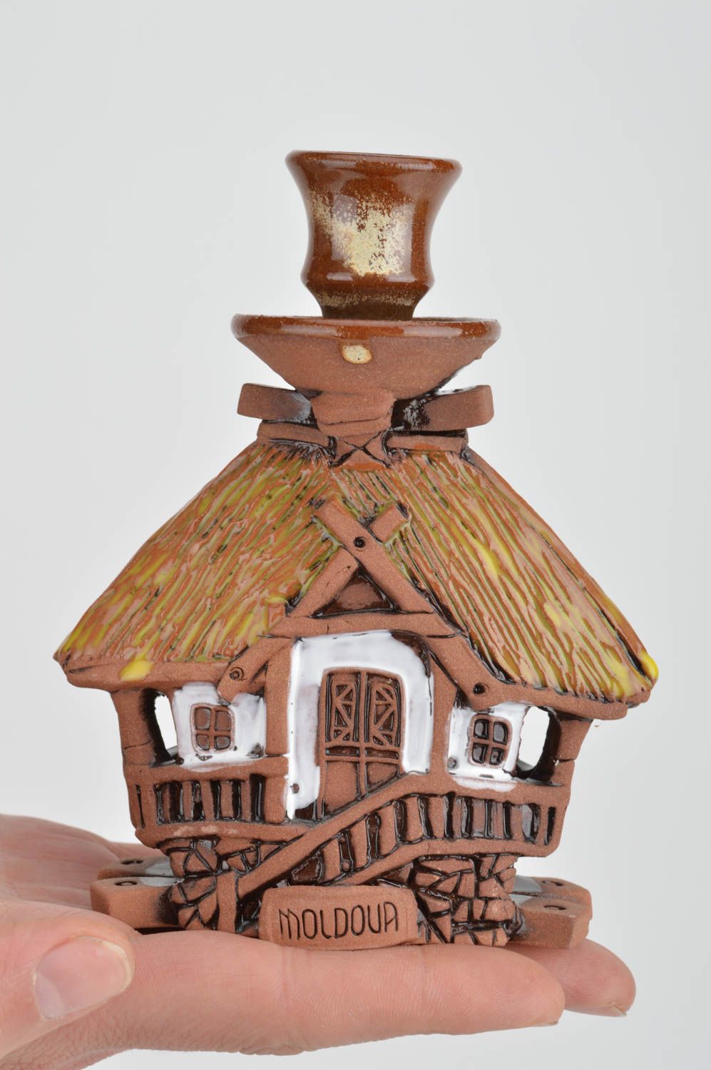 Этнический подсвечник из глины ручной работы домик экологически чистый декор фото 3